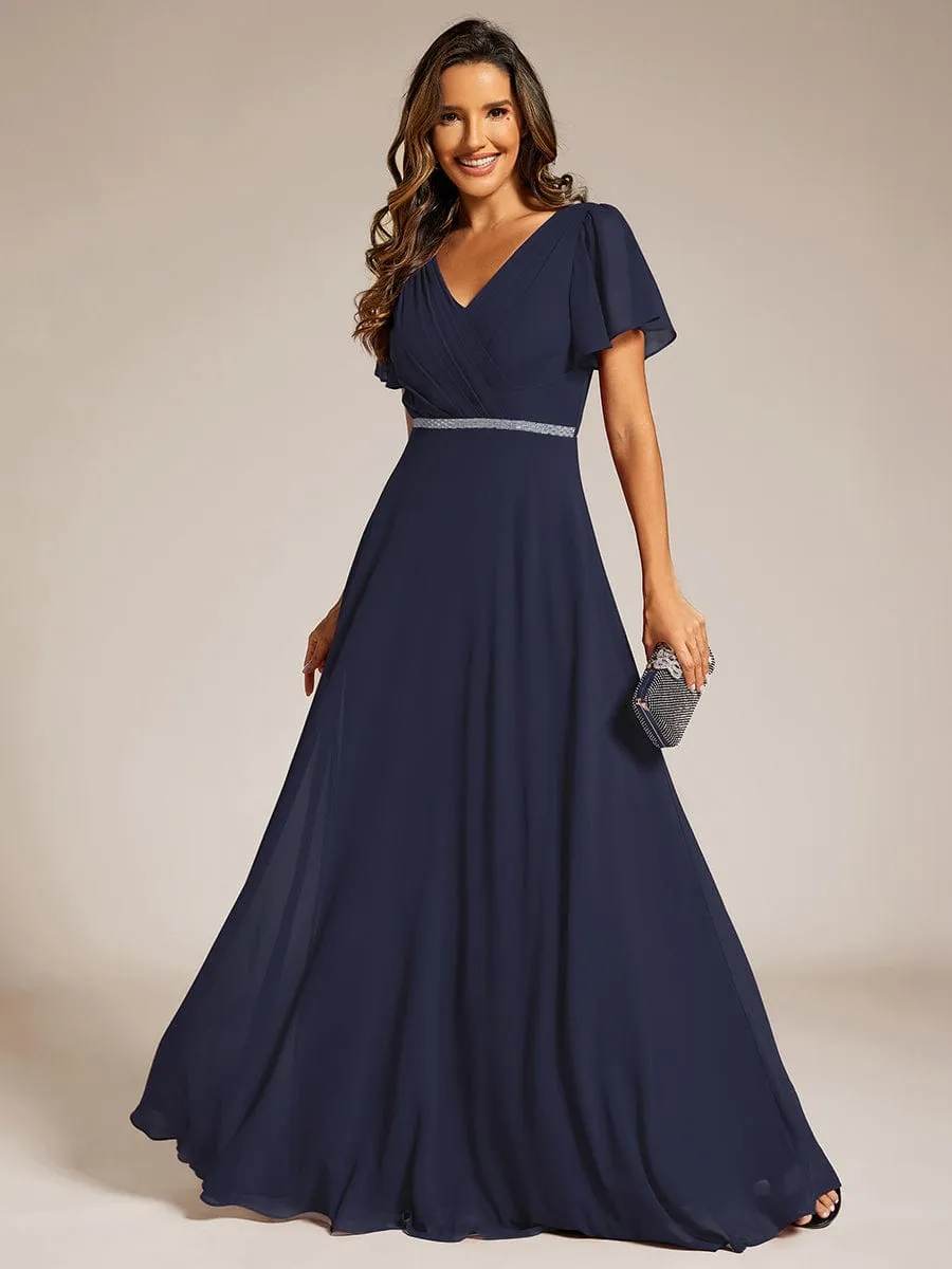 Pleated A-Line Chiffon Formal Evening Dress with Short Sleeves and Sequin Waist