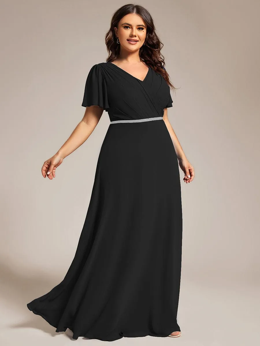 Pleated A-Line Chiffon Formal Evening Dress with Short Sleeves and Sequin Waist