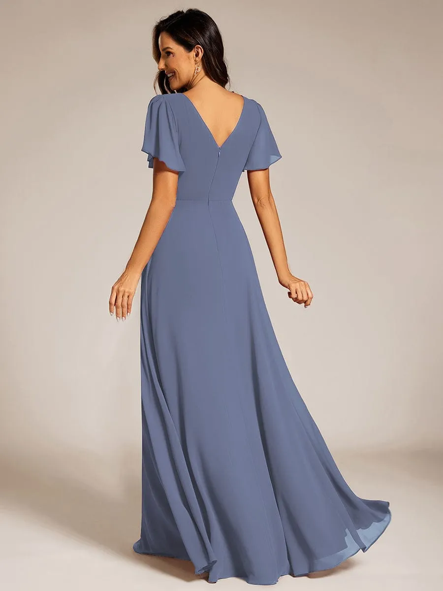 Pleated A-Line Chiffon Formal Evening Dress with Short Sleeves and Sequin Waist