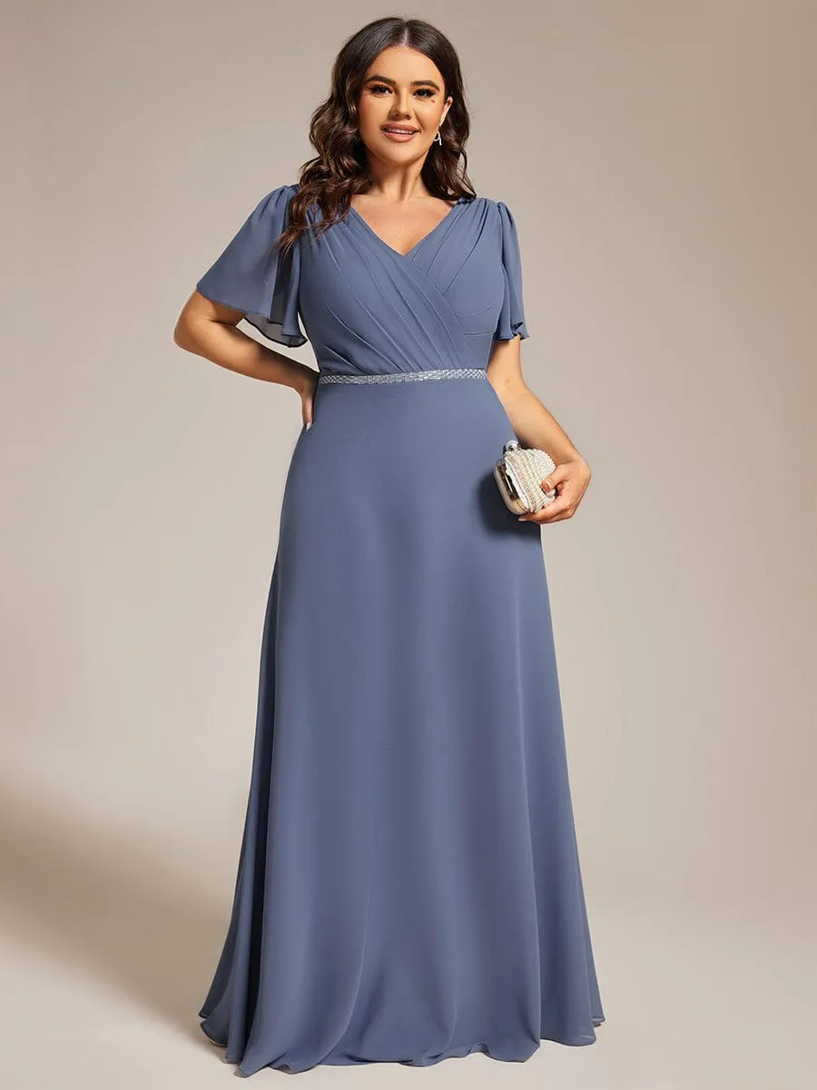 Pleated A-Line Chiffon Formal Evening Dress with Short Sleeves and Sequin Waist