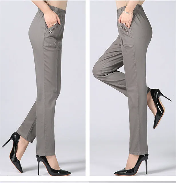 Plus Size 5XL High Waist Stretch Long Pants Women Cotton Straight