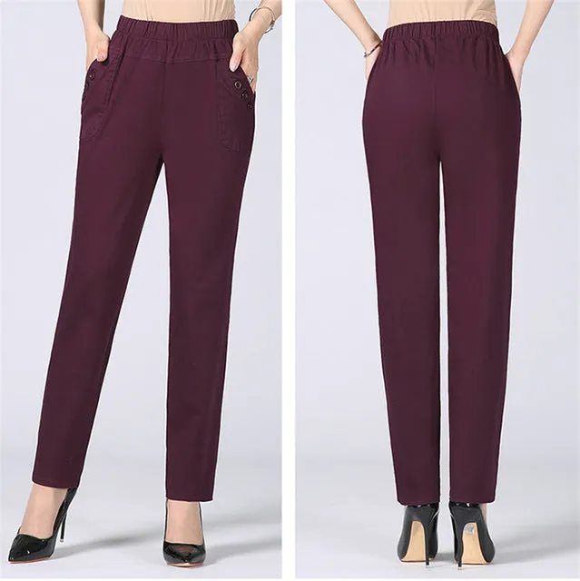 Plus Size 5XL High Waist Stretch Long Pants Women Cotton Straight