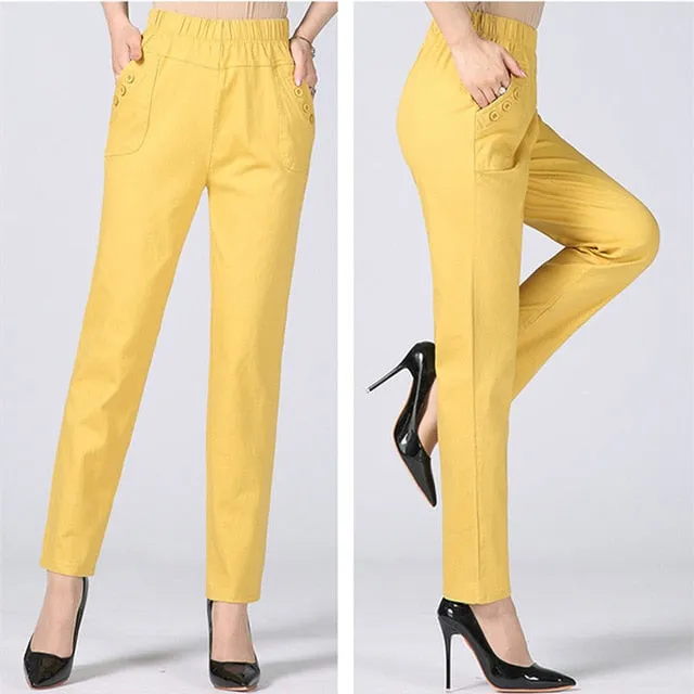 Plus Size 5XL High Waist Stretch Long Pants Women Cotton Straight