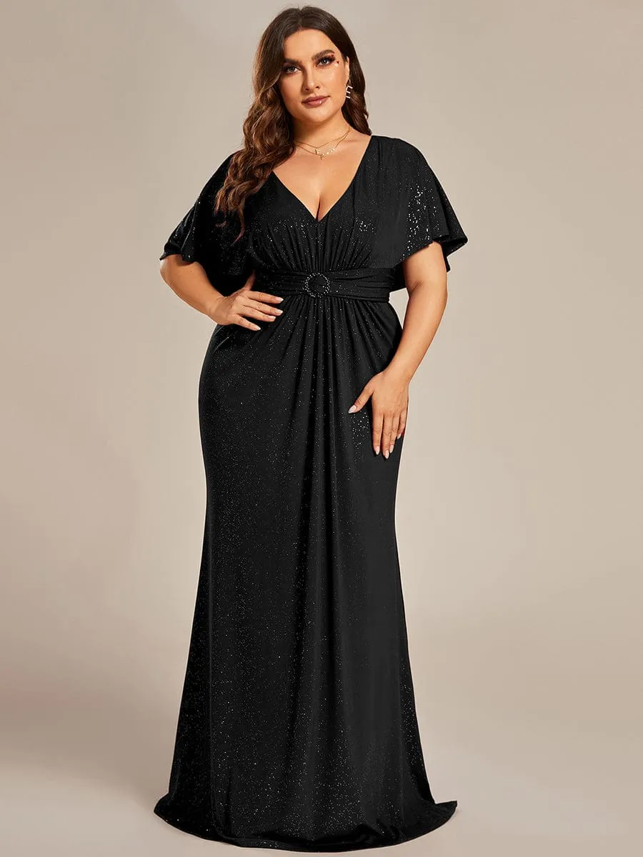 Plus Size Glitter Bat-Wing Sleeve Waist-Cinching Mermaid Evening Dress