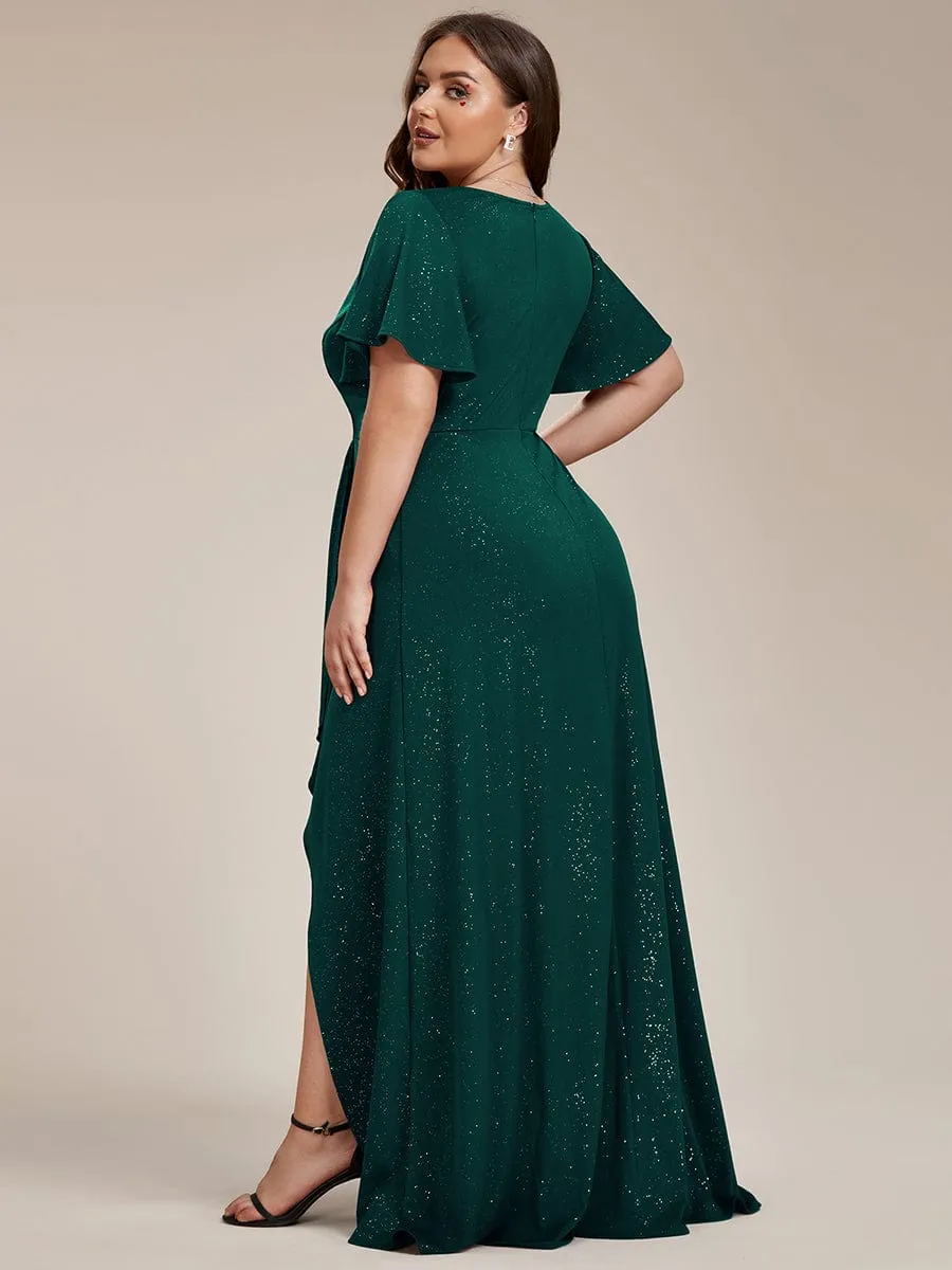 Plus Size Glitter Ruffled High-Low Front Slit Evening Dress