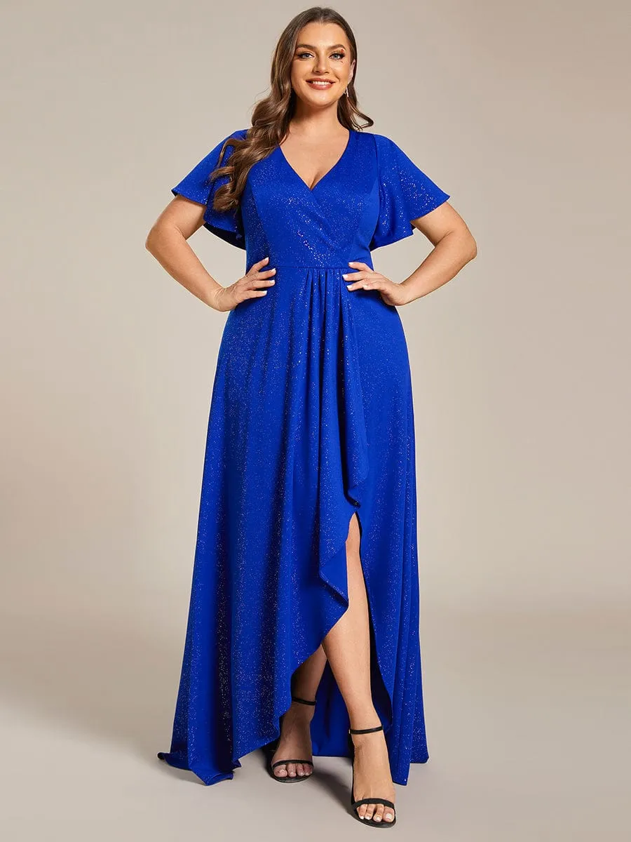 Plus Size Glitter Ruffled High-Low Front Slit Evening Dress