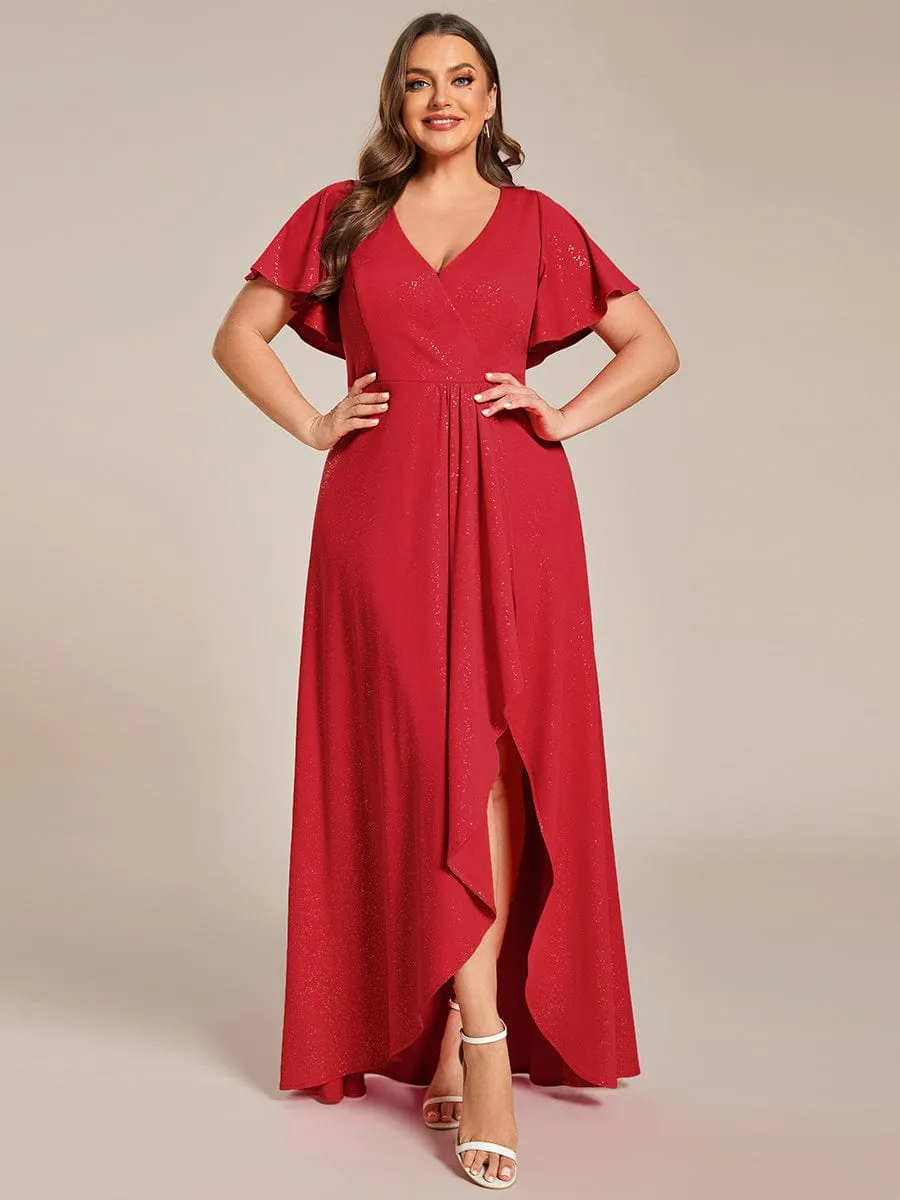 Plus Size Glitter Ruffled High-Low Front Slit Evening Dress