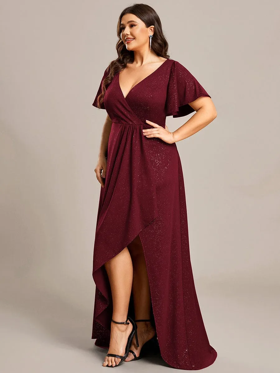 Plus Size Glitter Ruffled High-Low Front Slit Evening Dress