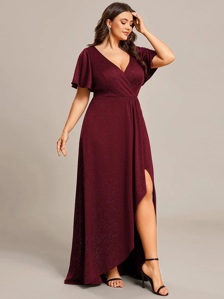 Plus Size Glitter Ruffled High-Low Front Slit Evening Dress