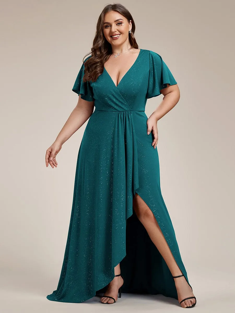 Plus Size Glitter Ruffled High-Low Front Slit Evening Dress