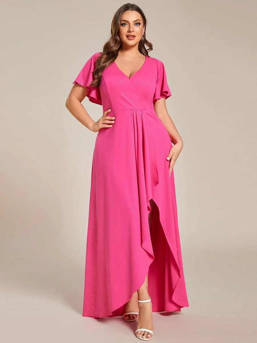 Plus Size Glitter Ruffled High-Low Front Slit Evening Dress