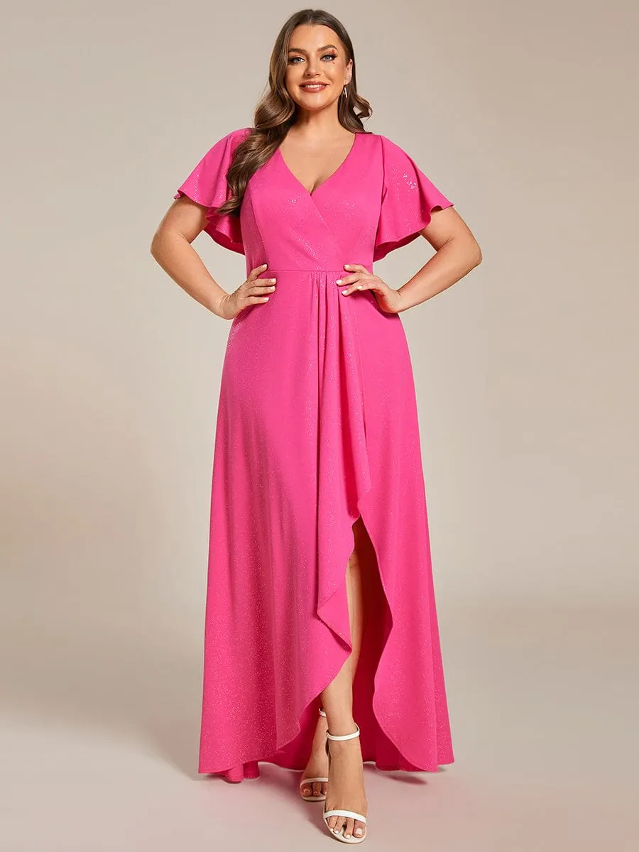 Plus Size Glitter Ruffled High-Low Front Slit Evening Dress