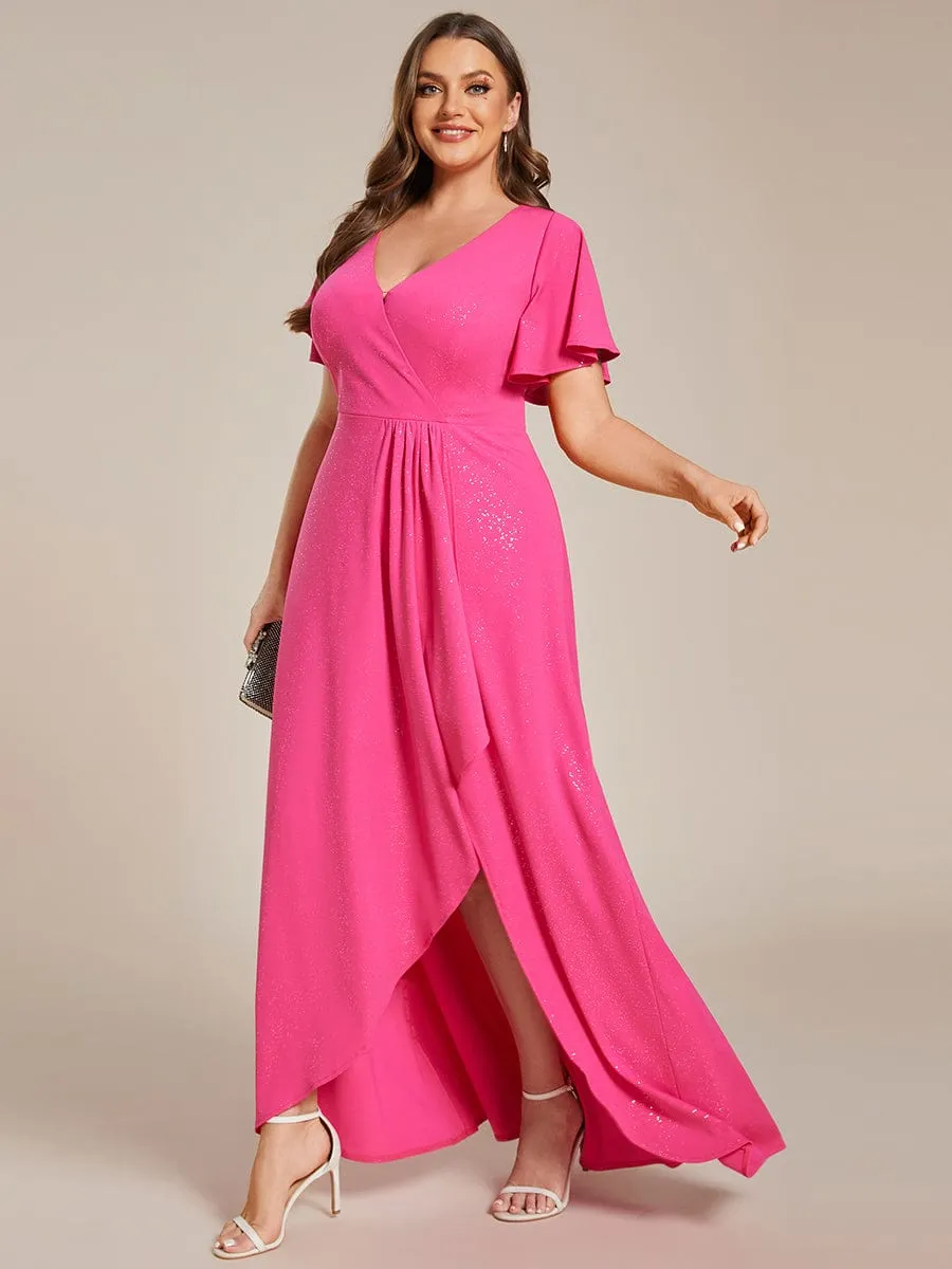 Plus Size Glitter Ruffled High-Low Front Slit Evening Dress