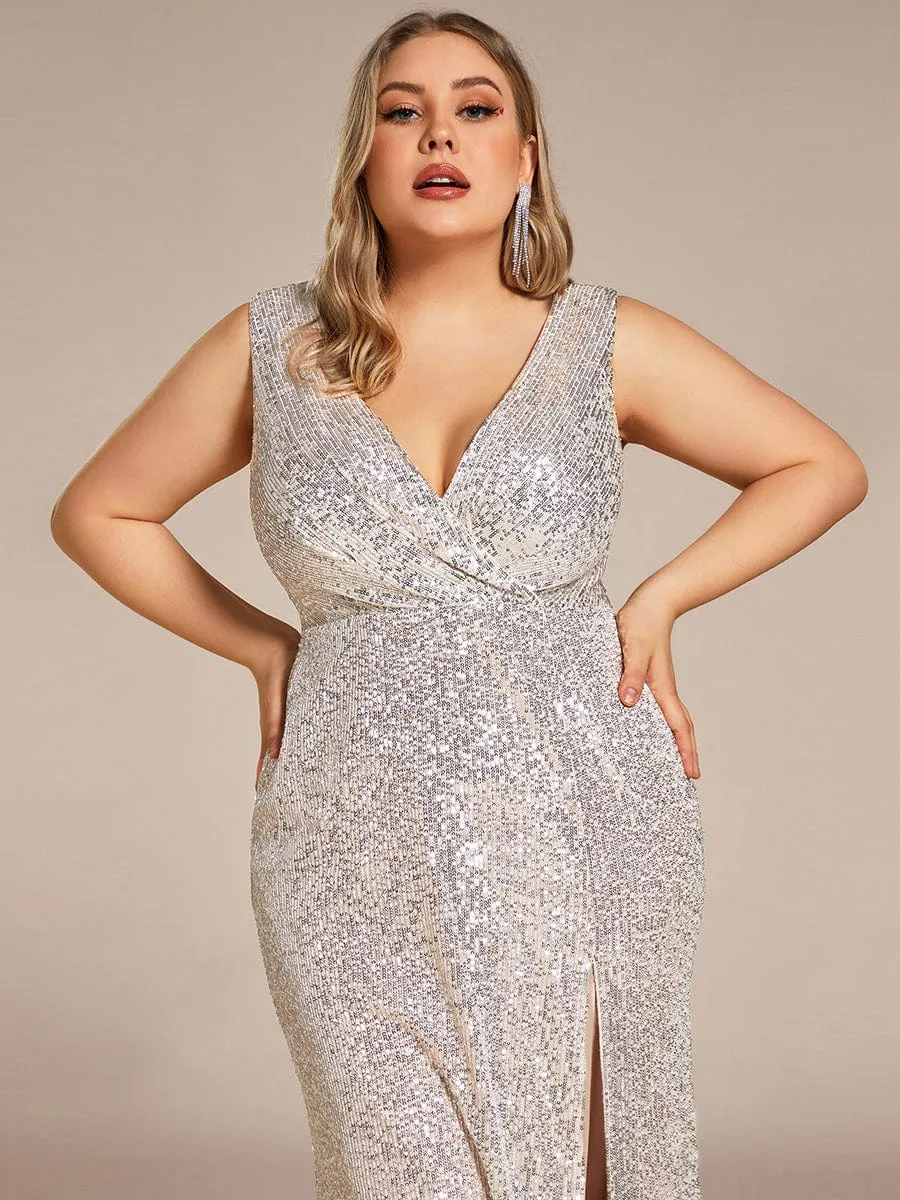 Plus Size High Slit Dazzling Sequin Deep V-Neck Evening Dress