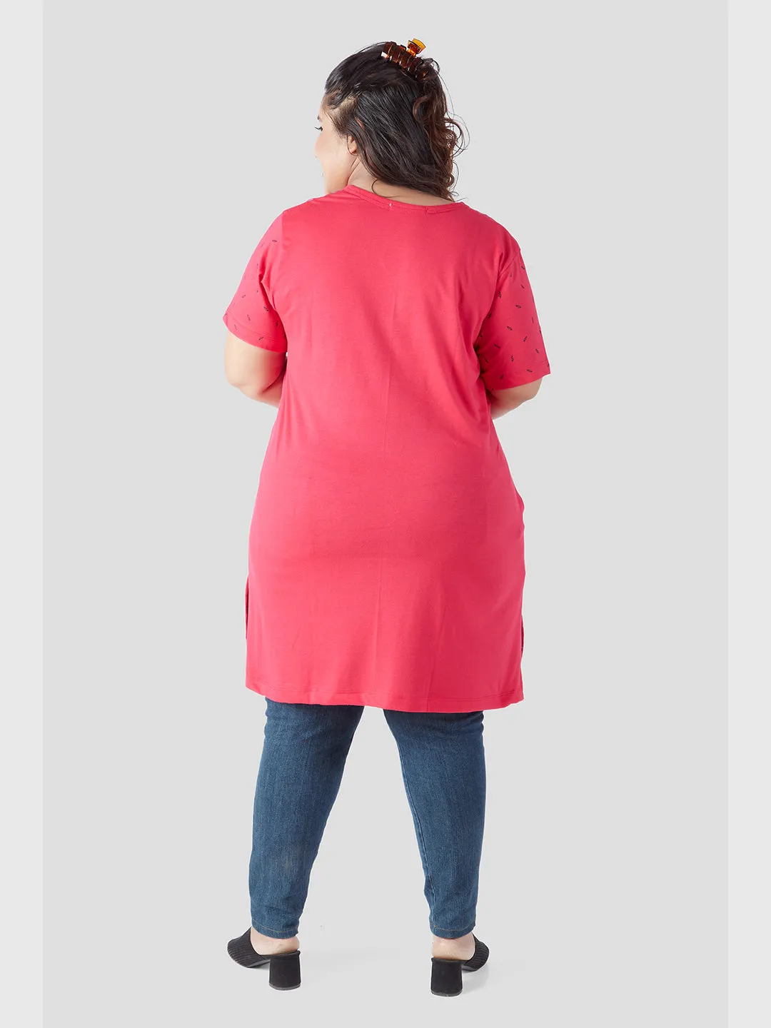 Plus Size Printed Long Tops For Women Half Sleeves - Pink