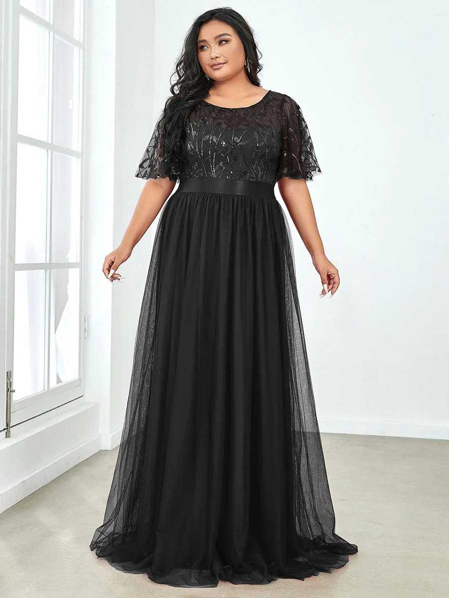 Plus Size Sequin Bodice Long Formal Evening Dresses