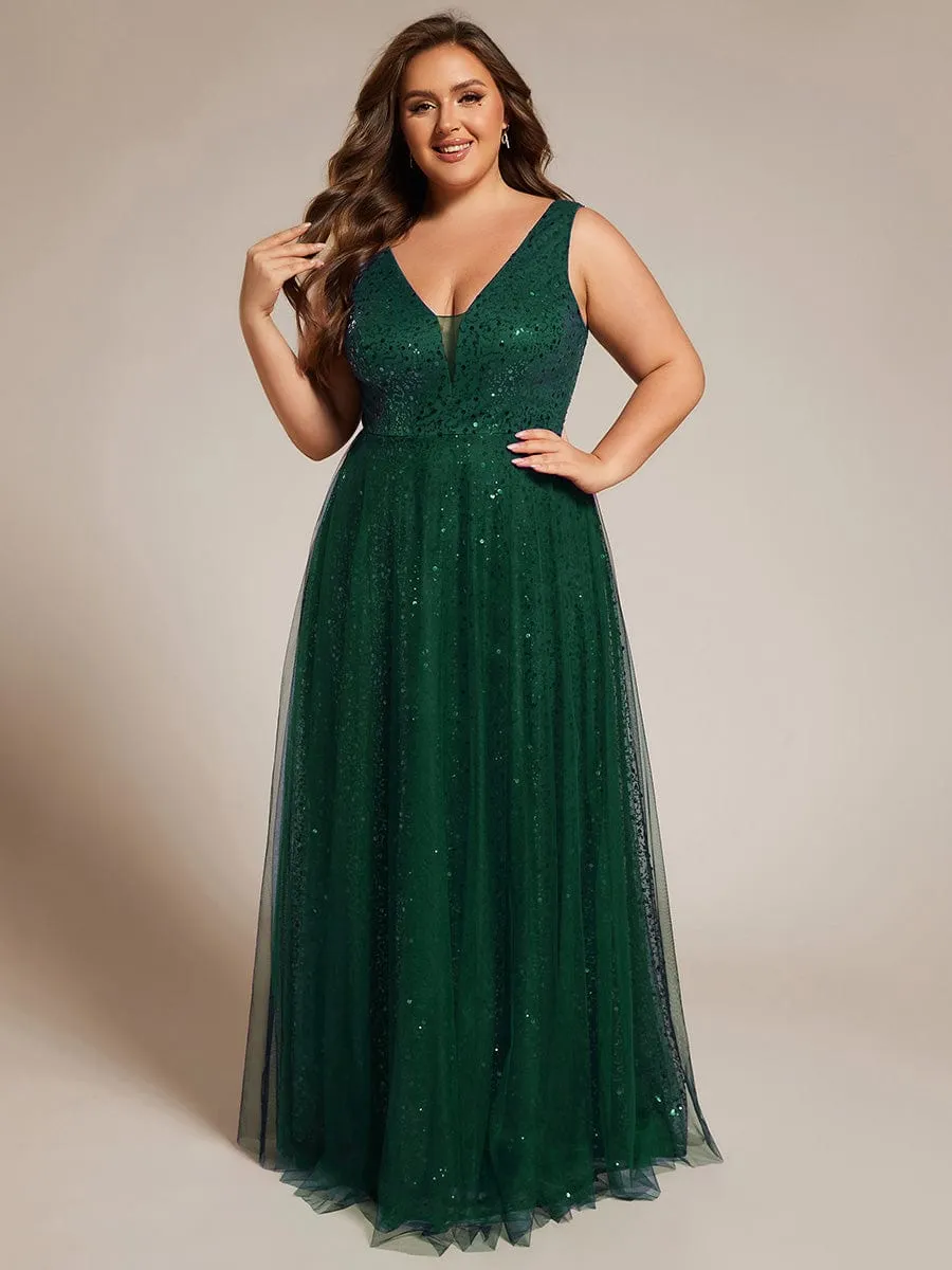 Plus Size Sequin V-Neck Sleeveless Empire Waist Tulle Formal Evening Dress