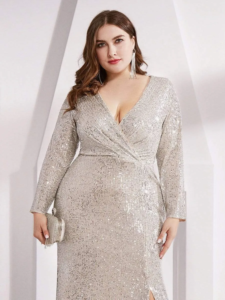 Plus Size Sexy Deep V-Neck Sequin Bodice Formal Evening Gowns