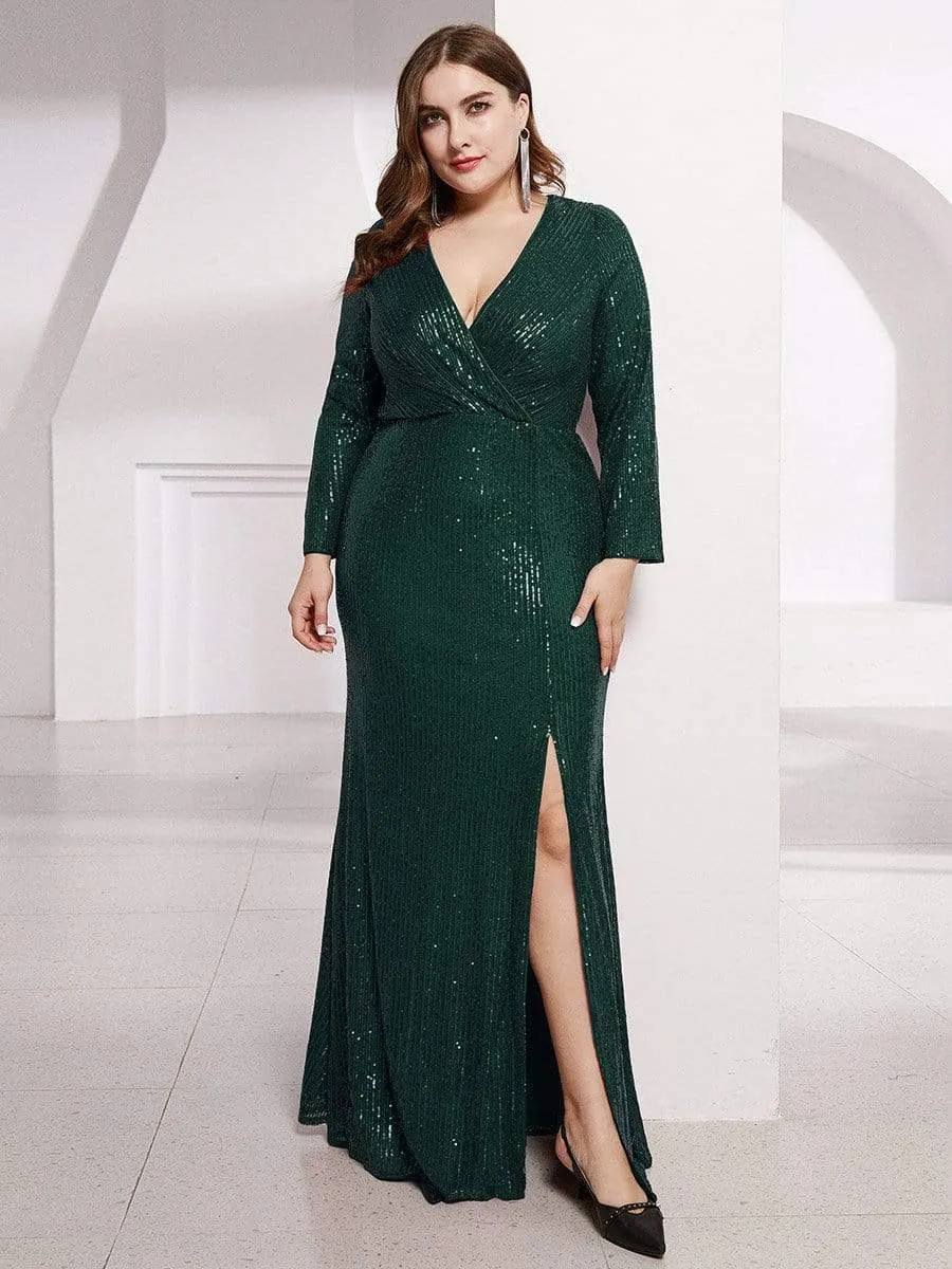 Plus Size Sexy Deep V-Neck Sequin Bodice Formal Evening Gowns