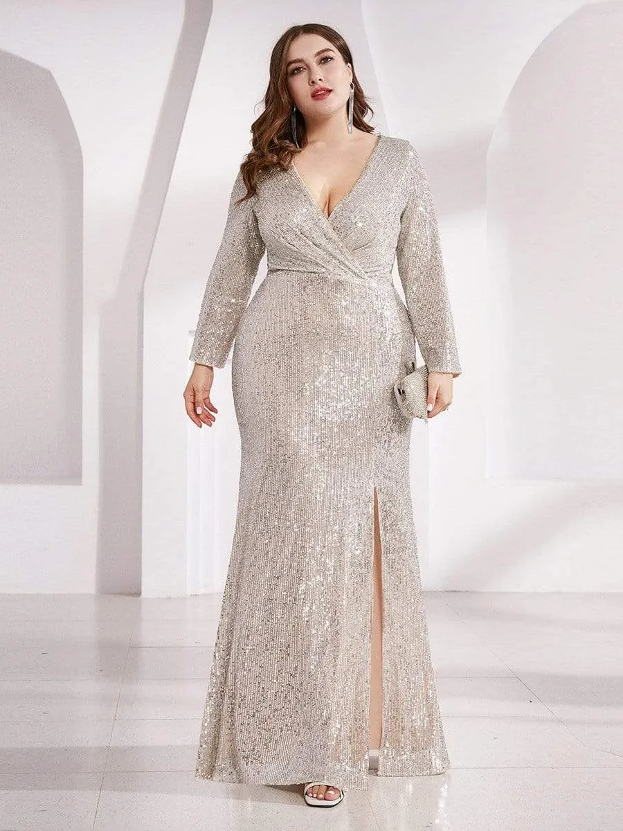 Plus Size Sexy Deep V-Neck Sequin Bodice Formal Evening Gowns