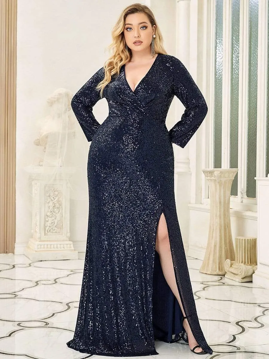 Plus Size Sexy Deep V-Neck Sequin Bodice Formal Evening Gowns