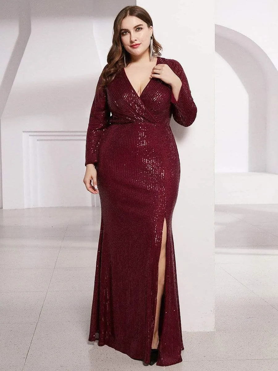 Plus Size Sexy Deep V-Neck Sequin Bodice Formal Evening Gowns