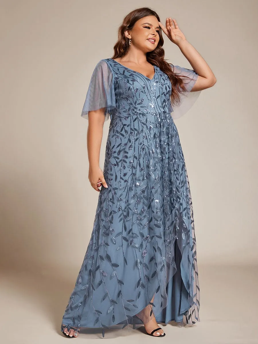 Plus Size Short Sleeves Sequin High Low V-Neck Midi Formal Evening Dress