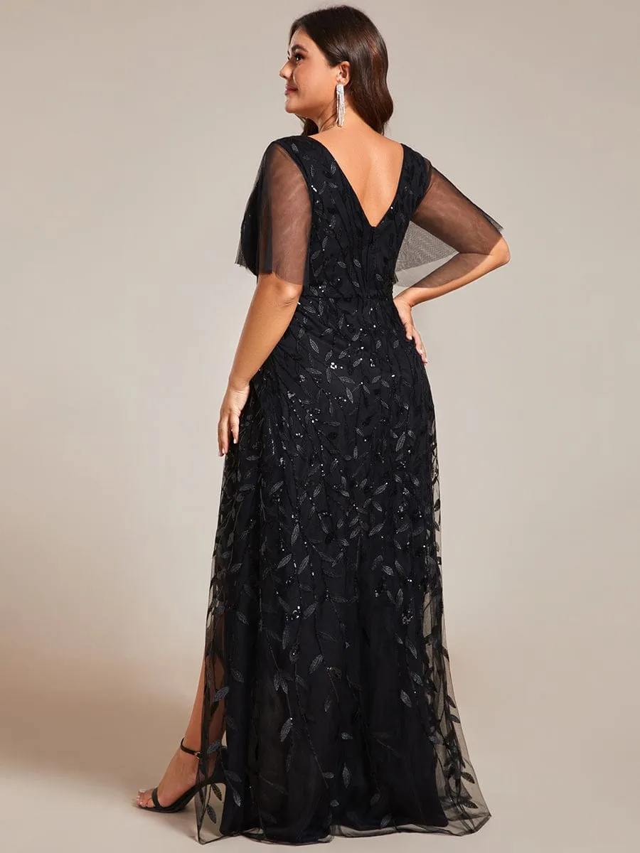 Plus Size Short Sleeves Sequin High Low V-Neck Midi Formal Evening Dress