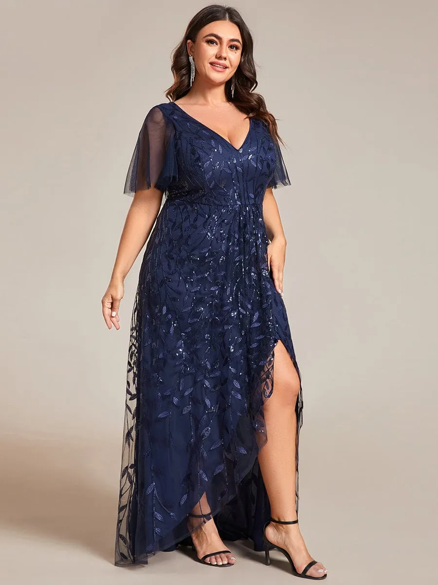 Plus Size Short Sleeves Sequin High Low V-Neck Midi Formal Evening Dress