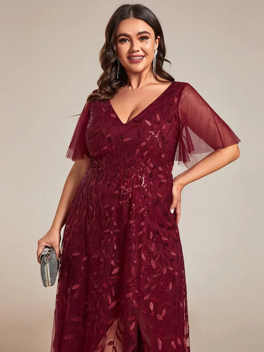 Plus Size Short Sleeves Sequin High Low V-Neck Midi Formal Evening Dress