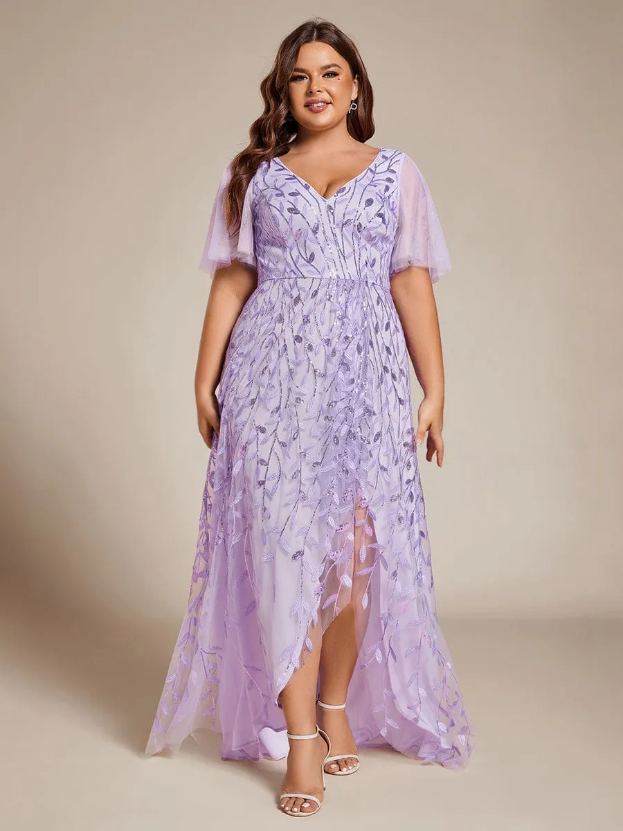 Plus Size Short Sleeves Sequin High Low V-Neck Midi Formal Evening Dress