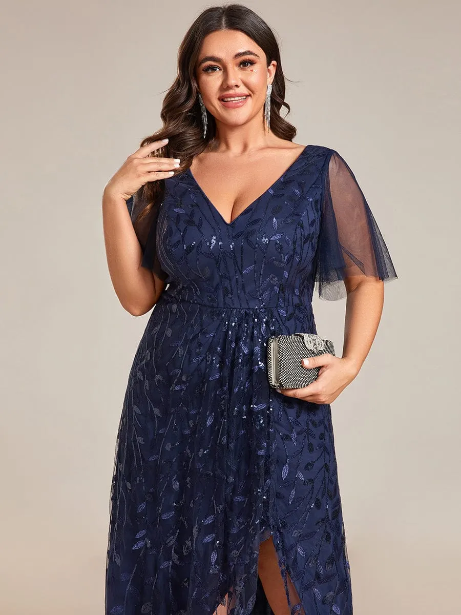 Plus Size Short Sleeves Sequin High Low V-Neck Midi Formal Evening Dress