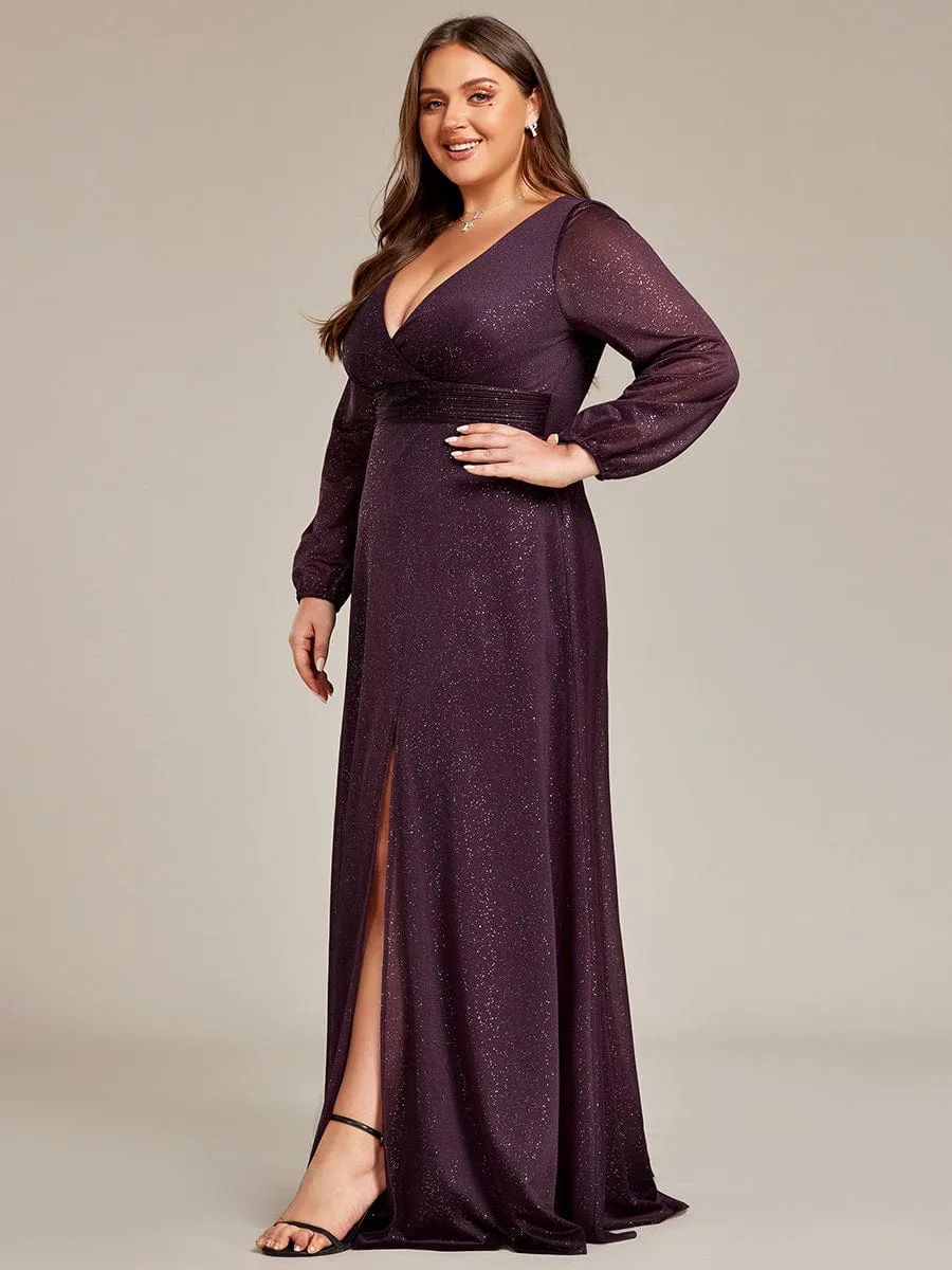 Plus Size V-Neck Shiny Puff Sleeve Evening Dress for Women