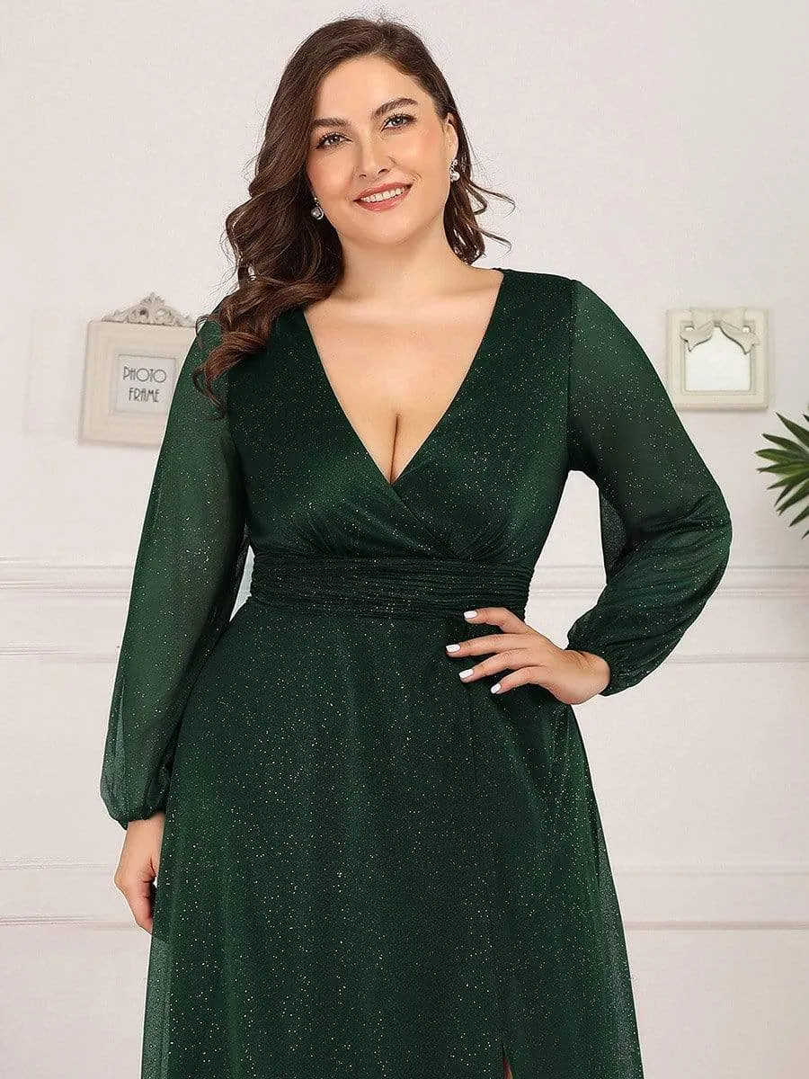 Plus Size V-Neck Shiny Puff Sleeve Evening Dress for Women