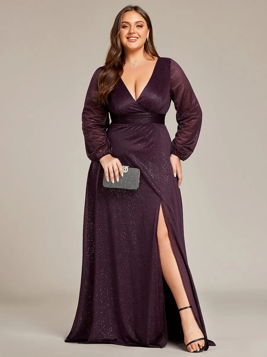 Plus Size V-Neck Shiny Puff Sleeve Evening Dress for Women