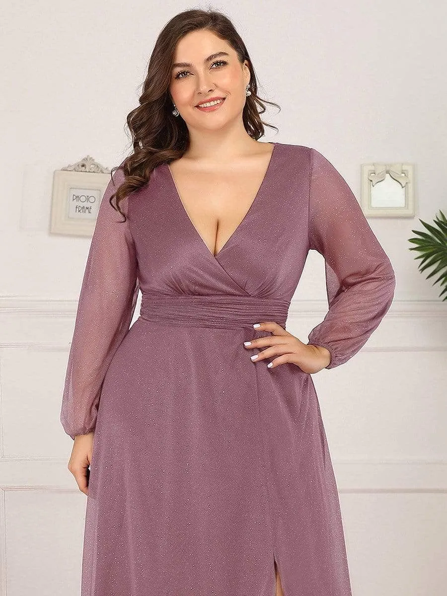 Plus Size V-Neck Shiny Puff Sleeve Evening Dress for Women