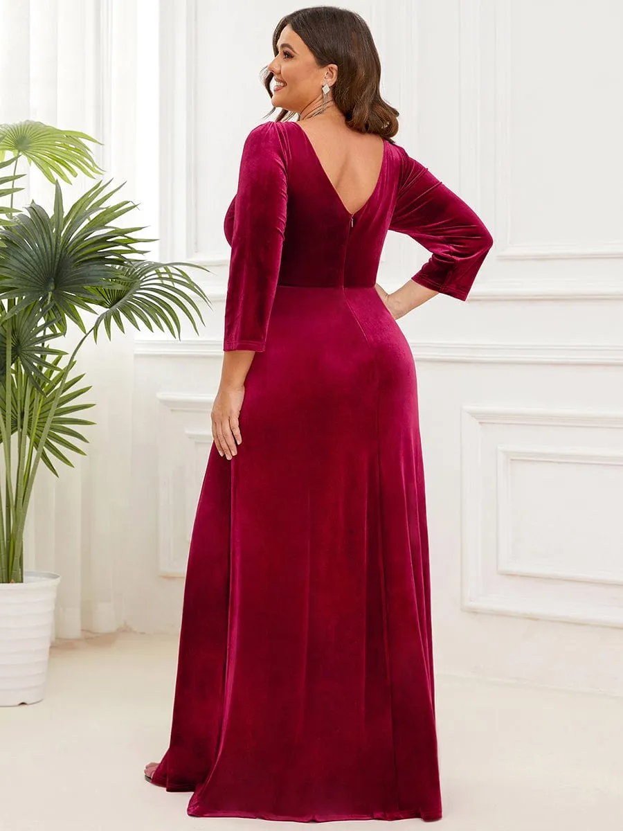 Plus Size Velvet Plunging V-Neck Front Slit 3/4 Sleeve Evening Dress