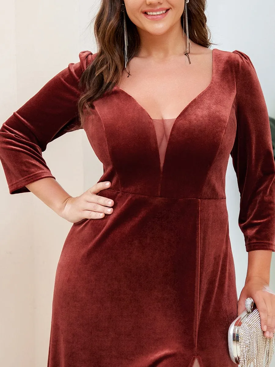 Plus Size Velvet Plunging V-Neck Front Slit 3/4 Sleeve Evening Dress