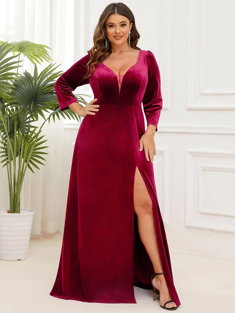 Plus Size Velvet Plunging V-Neck Front Slit 3/4 Sleeve Evening Dress