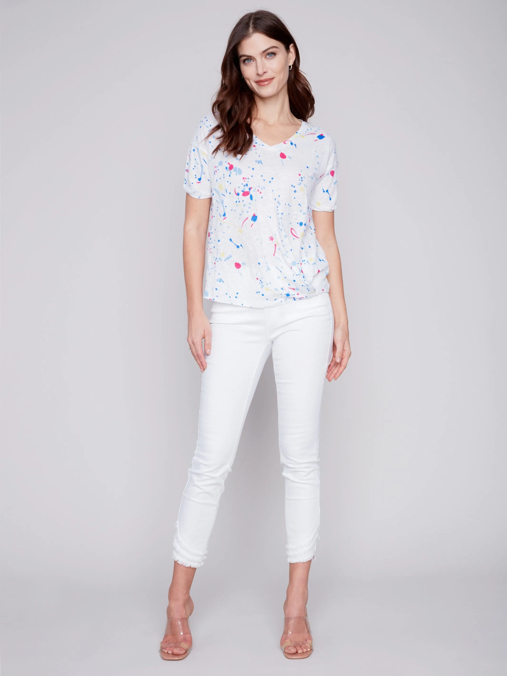 Printed Linen Top with Front Twist Knot - Splash