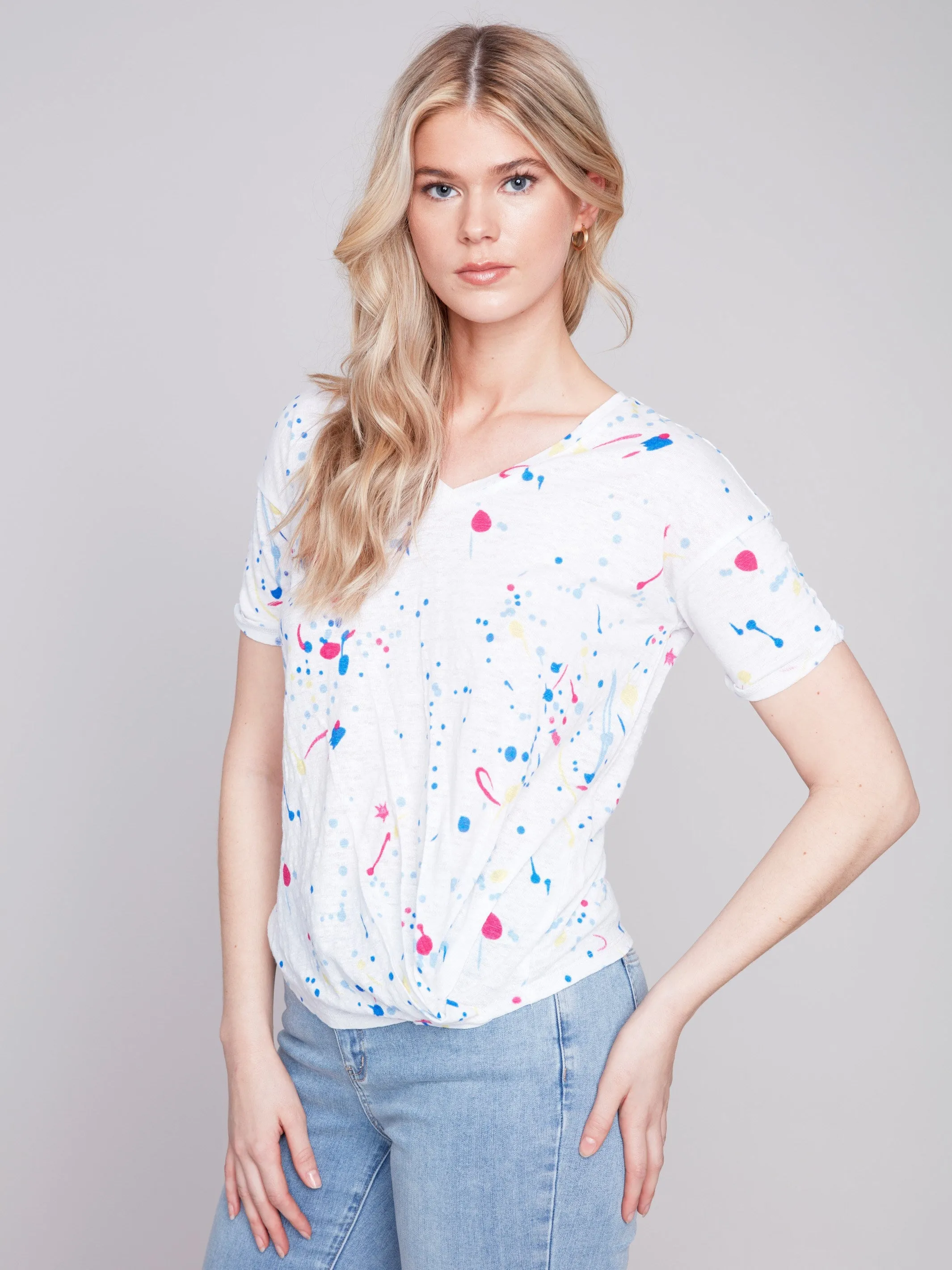 Printed Linen Top with Front Twist Knot - Splash