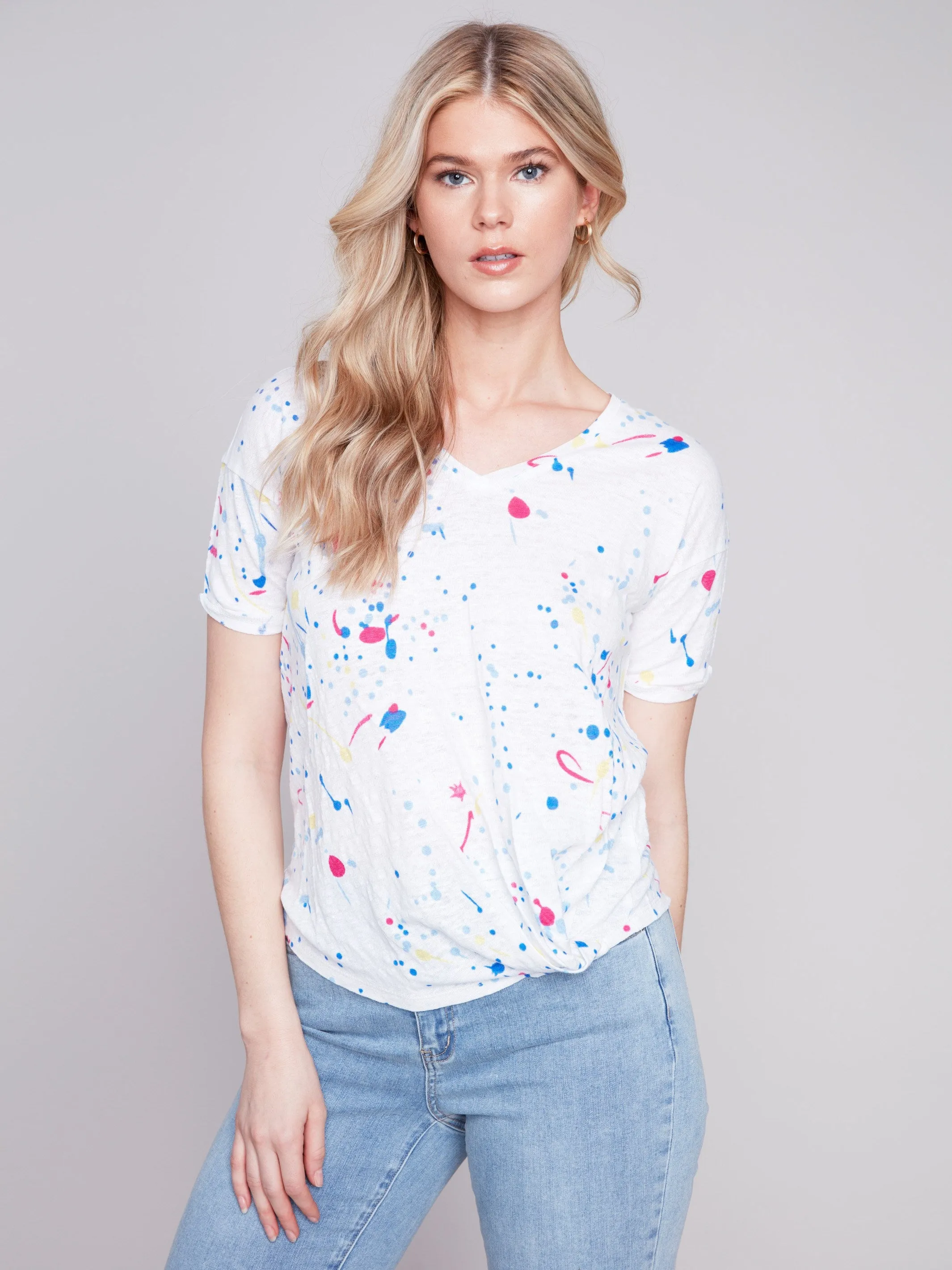 Printed Linen Top with Front Twist Knot - Splash