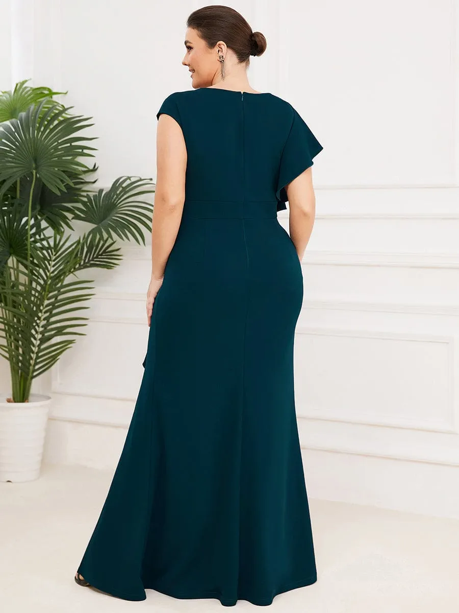 Ruffled Asymmetrical Front Slit Floor-Length Knit Evening Dress