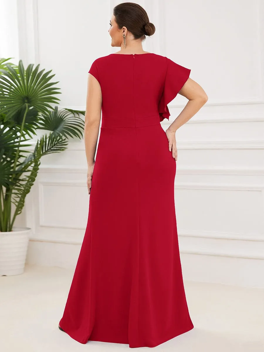 Ruffled Asymmetrical Front Slit Floor-Length Knit Evening Dress