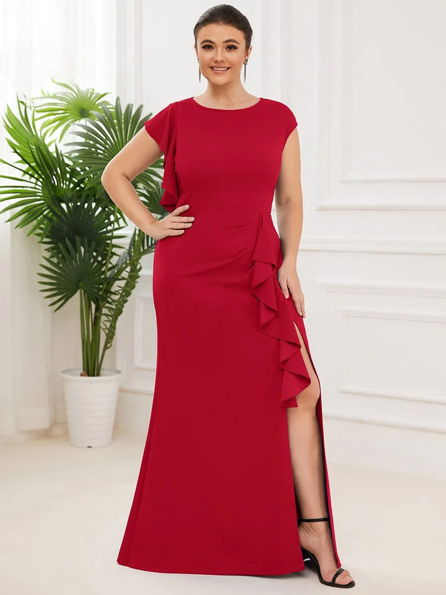 Ruffled Asymmetrical Front Slit Floor-Length Knit Evening Dress