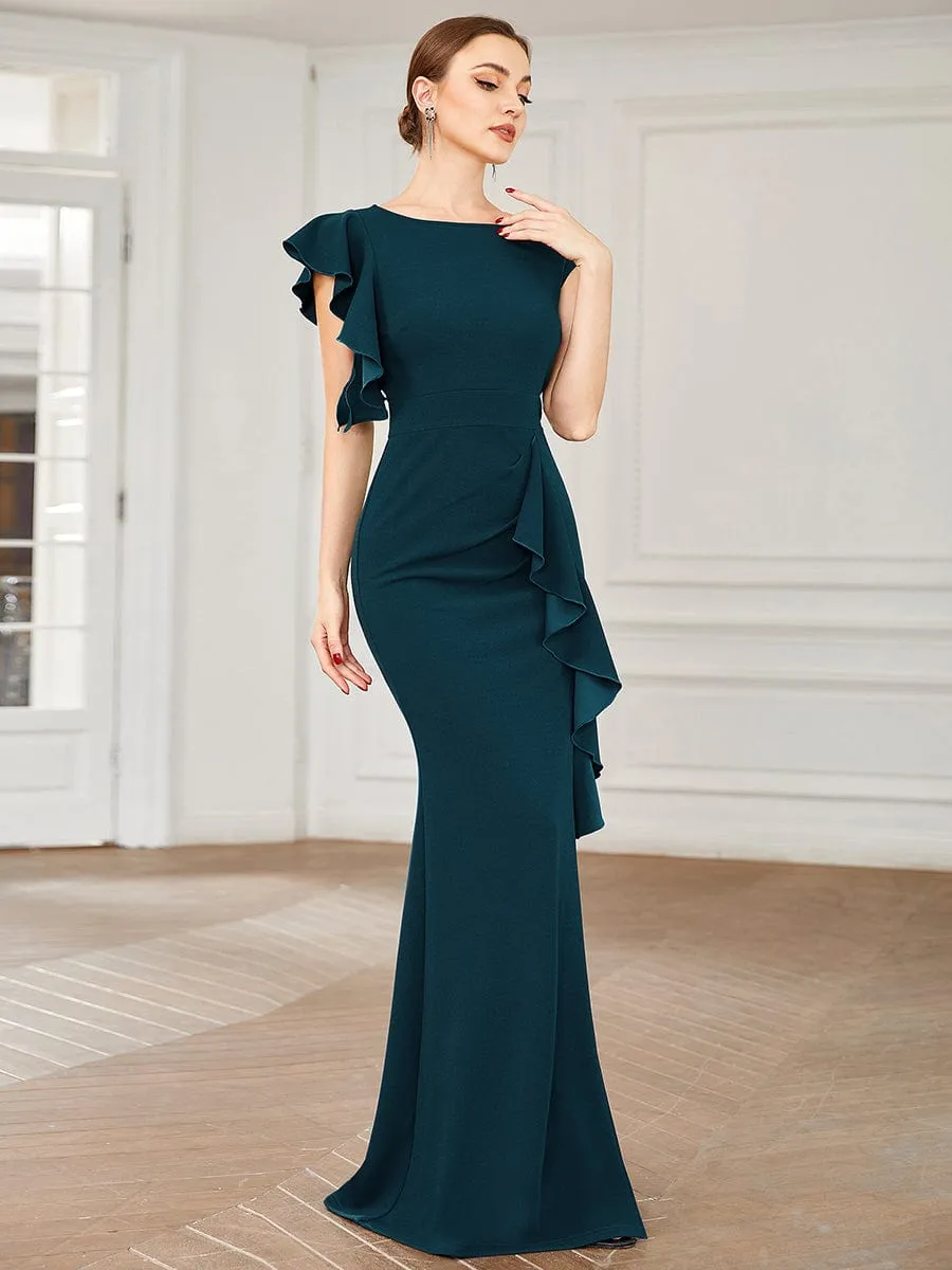 Ruffled Asymmetrical Front Slit Floor-Length Knit Evening Dress