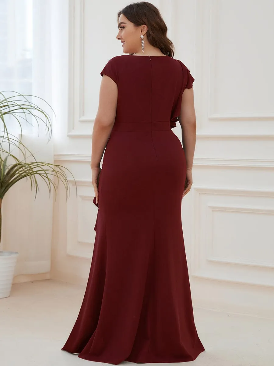 Ruffled Asymmetrical Front Slit Floor-Length Knit Evening Dress