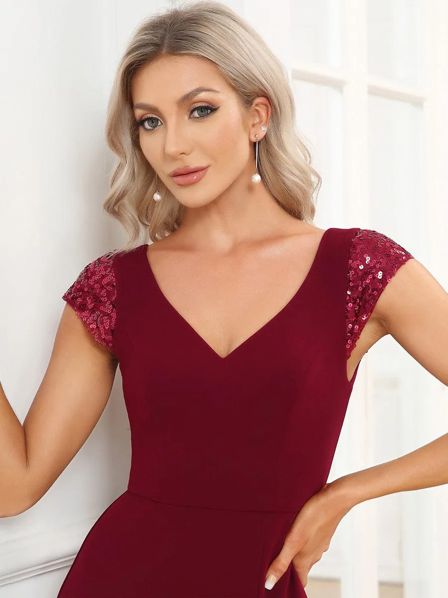 Sequin Cap Sleeve V-Neck A-Line Evening Dress