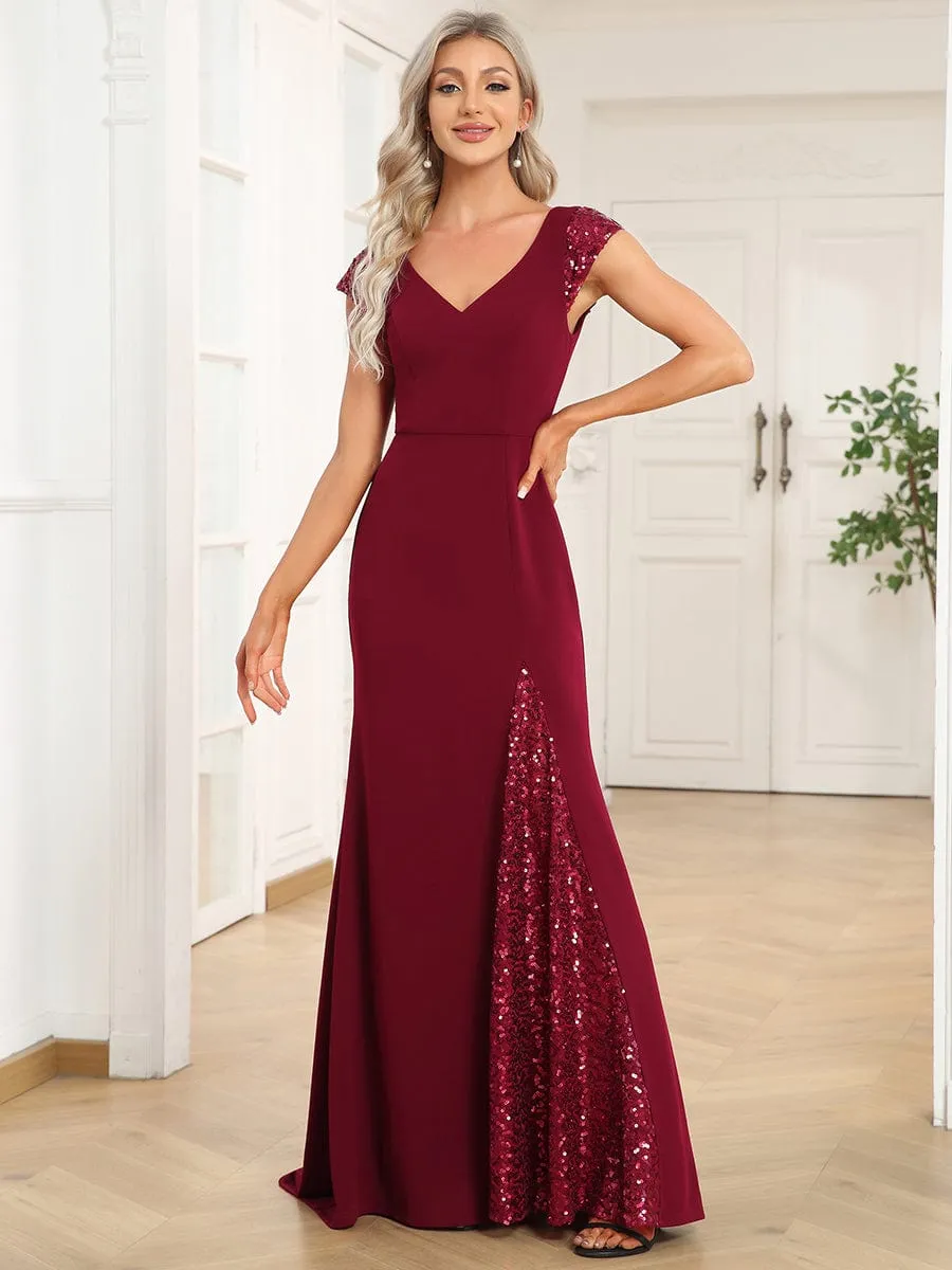 Sequin Cap Sleeve V-Neck A-Line Evening Dress