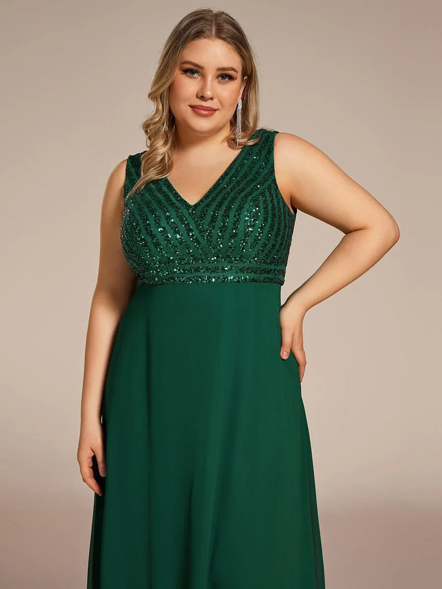 Sequin Sleeveless Double V-Neck Formal Evening Dress